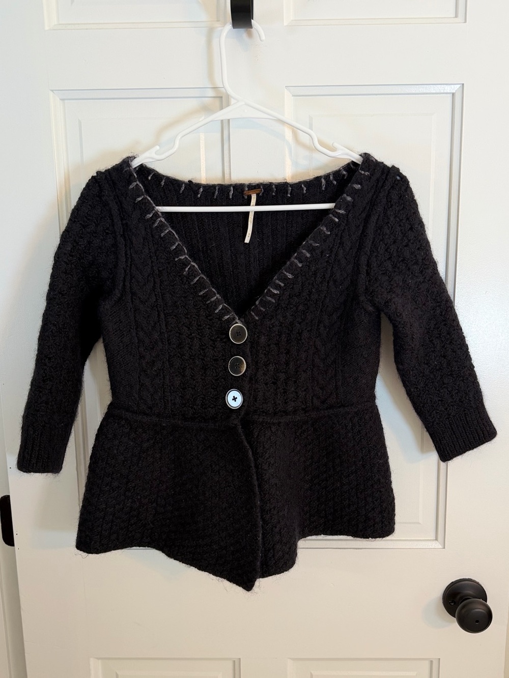 Free People Black Wool Cable Knit Button Cardigan Sweater Medium